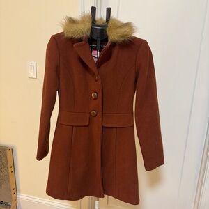 Kate Spade Rust Brown Wool Blend Coat with Faux Fur Collar